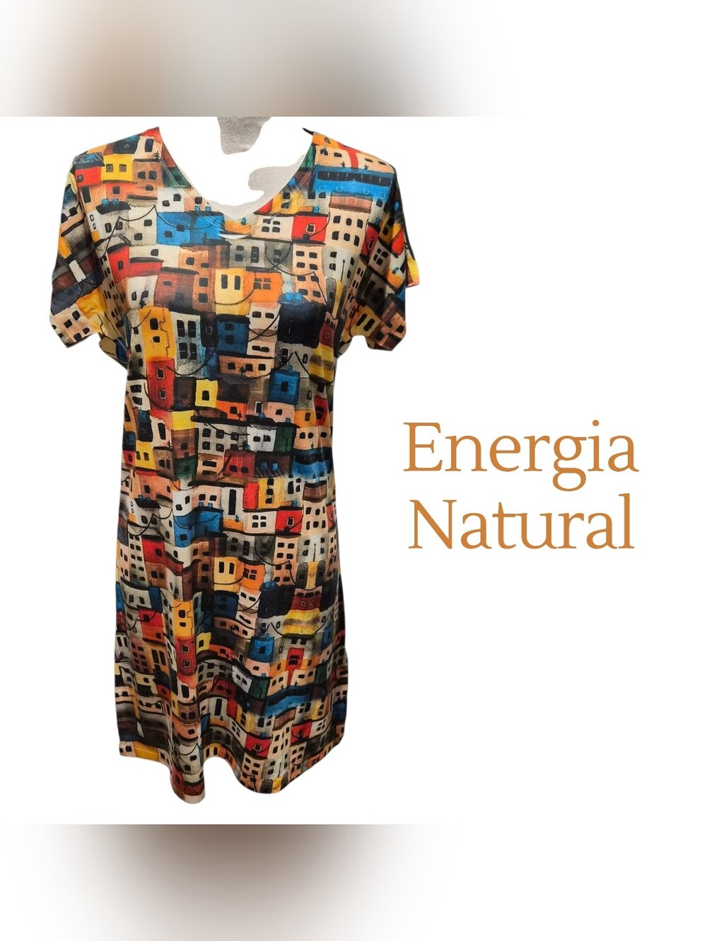 Energia Natural Colorful Abstract Cityscape Short Sleeve Dress Size Medium